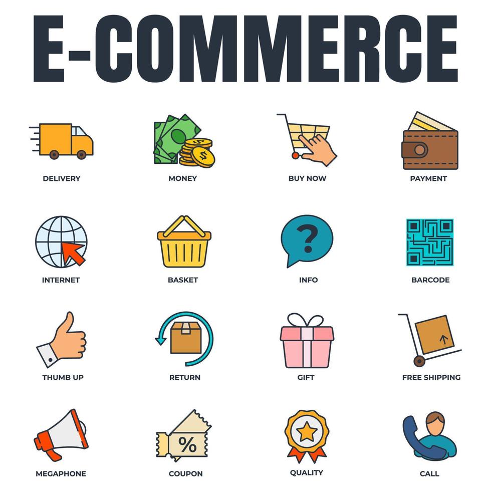 Set of E-commerce icon logo vector illustration. basket, megaphone, return, gift, quality, delivery truck and more pack symbol template for graphic and web design collection