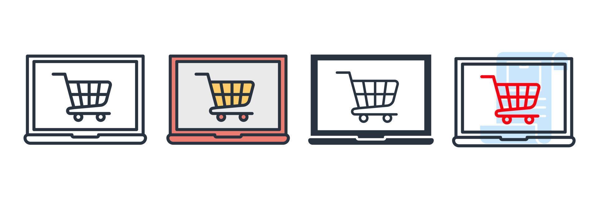 online shopping icon logo vector illustration. Computer display with shopping cart symbol template for graphic and web design collection