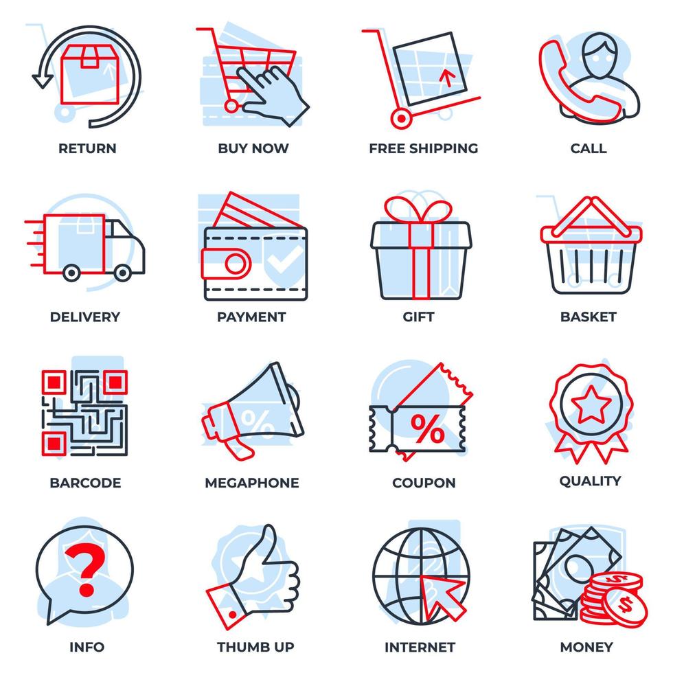 conjunto de ilustración de vector de logotipo de icono de comercio electrónico. cesta, megáfono, devolución, regalo, calidad, camión de reparto y más plantilla de símbolo de paquete para la colección de diseño gráfico y web
