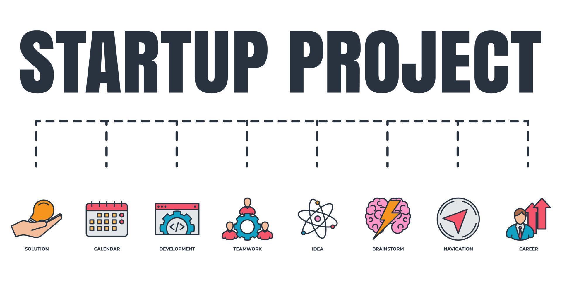 Startup project and development banner web icon set. solution, brainstorm, calendar, idea, development, teamwork, career, navigation vector illustration concept.