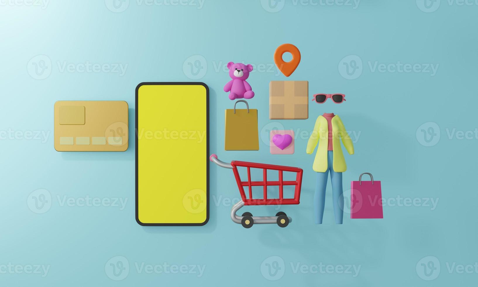 Shopping Online on Mobile Application Concept Marketing and Digital . 3D RENDER photo