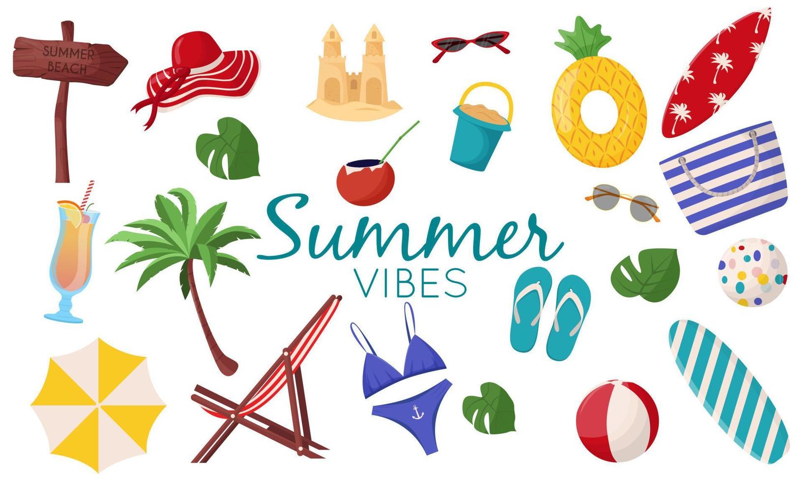 conjunto de lindos elementos de verano tabla de surf, cóctel, bolso, sombrero, palmera, bikini, chanclas, sombrilla de playa, pelota, castillo de arena, aro salvavidas. ilustración de vector plano para cartel de verano