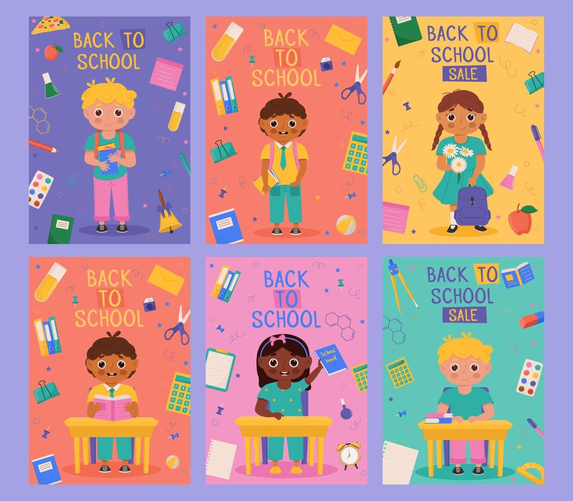 conjunto de diseño de banner de regreso a la escuela con un personaje escolar divertido y colorido, artículos educativos. coloridas plantillas de regreso a la escuela para invitación, afiche, pancarta, promoción, venta, etc. vector