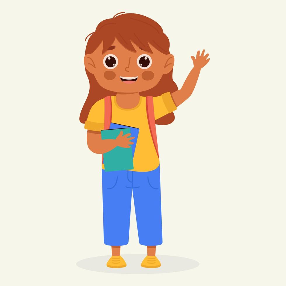 niño de la escuela con útiles escolares. niño con mochila y libro. personaje de dibujos animados coloridos. ilustración vectorial plana. vector