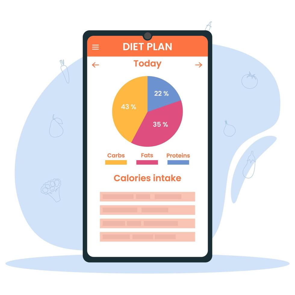 Smartphone with health monitoring, nutrition chart control. Health care and weight loss concept. Online calorie calculator. vector