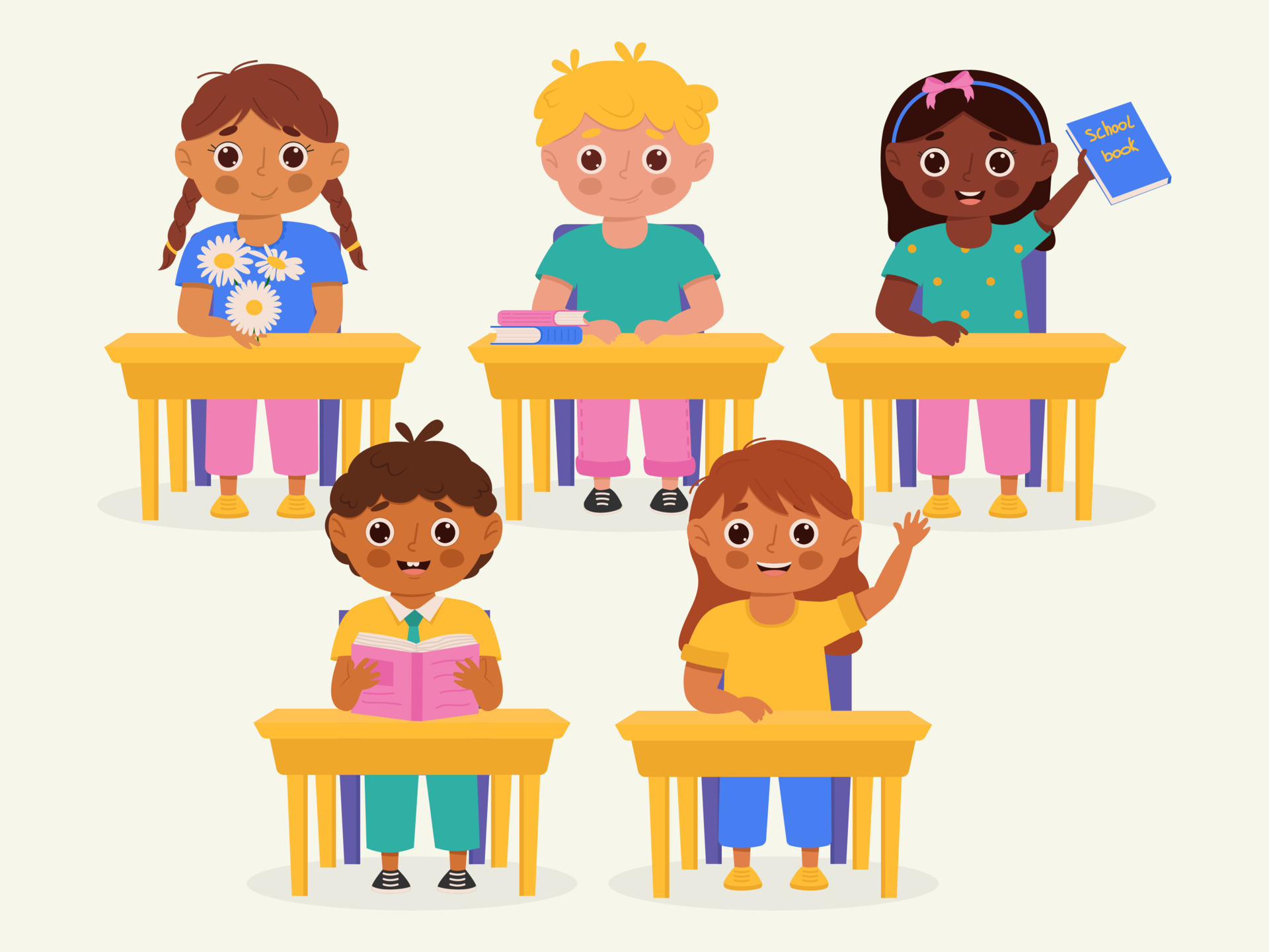 School kids with school supplies sitting at a school desk. Kids with  backpacks and books. Colorful cartoon characters. Flat vector illustration.  10577494 Vector Art at Vecteezy