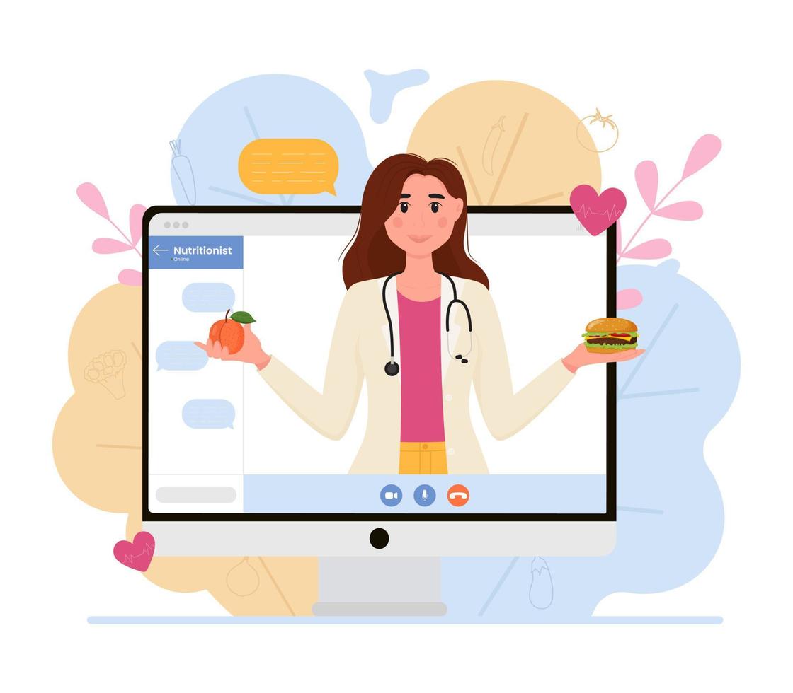 A female nutritionist on the monitor screen. Online course. Nutrition and diet therapy, medical consultation online. vector