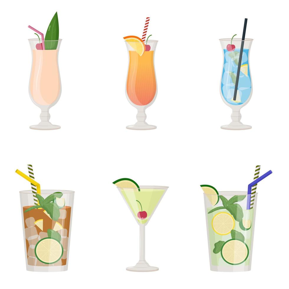 colección de bebidas alcohólicas de verano, cócteles tropicales. concepto de fiesta en la playa. ilustración vectorial plana vector