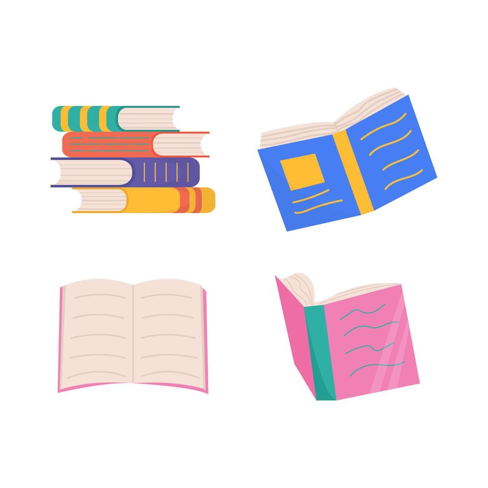 conjunto de libros coloridos. libros apilados, abiertos, en grupo, cerrados. aprender y estudiar. vector