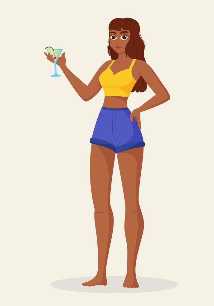 Beautiful woman drinks refreshing cocktail. Summer beverage and drink concept. Flat vector Illustration