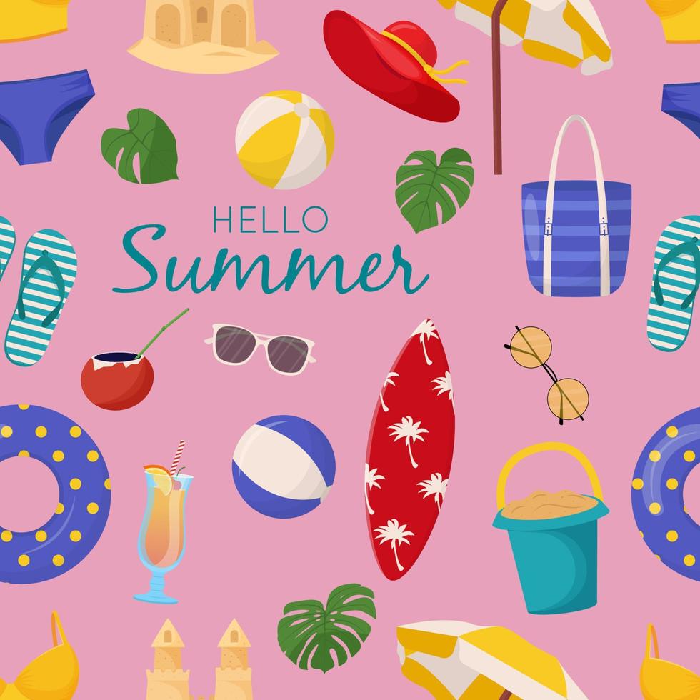 Set of cute summer elements surfboard, cocktail, bag, hat, palm tree, bikini, flip flops, beach umbrella, ball, sand castle, lifebuoy. Summer seamless pattern vector