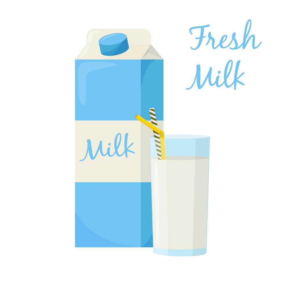 Bottle and glass of milk. Elements for design farm products, healthy food. Flat vector illustration.