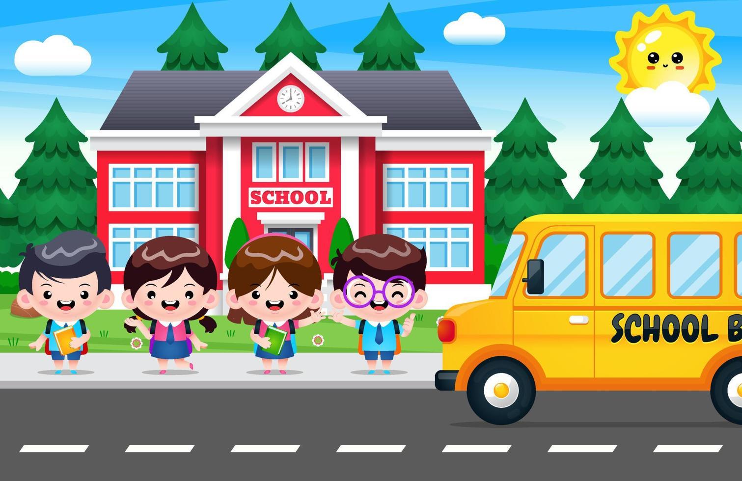 Students In Pedestrian Way Waiting Bus School vector