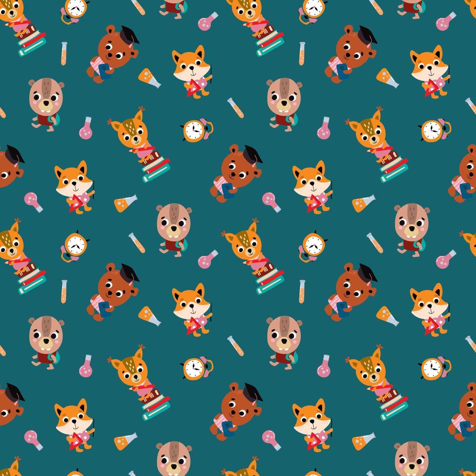 School seamless pattern with cute little animals. Design for fabric, textile, wallpaper, packaging. vector