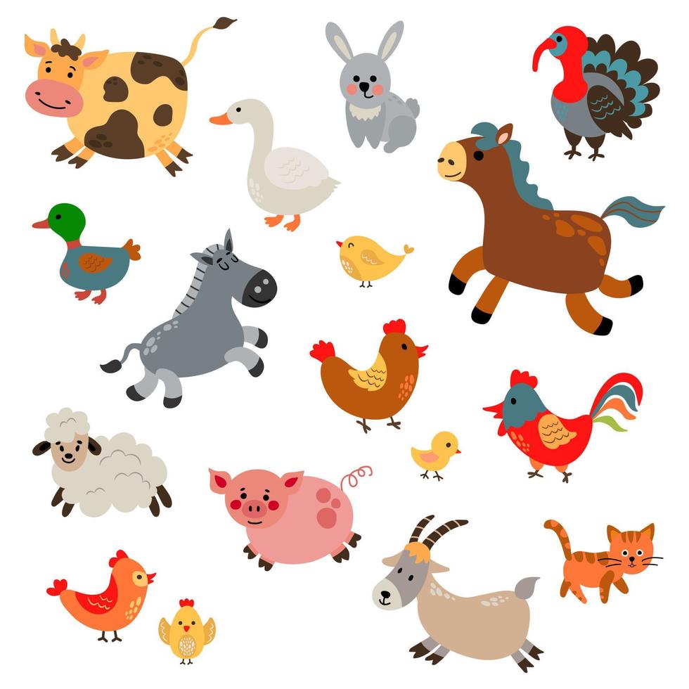 conjunto de granja vectorial. recolección de animales de granja y aves de corral. linda ilustración de granja plana vector