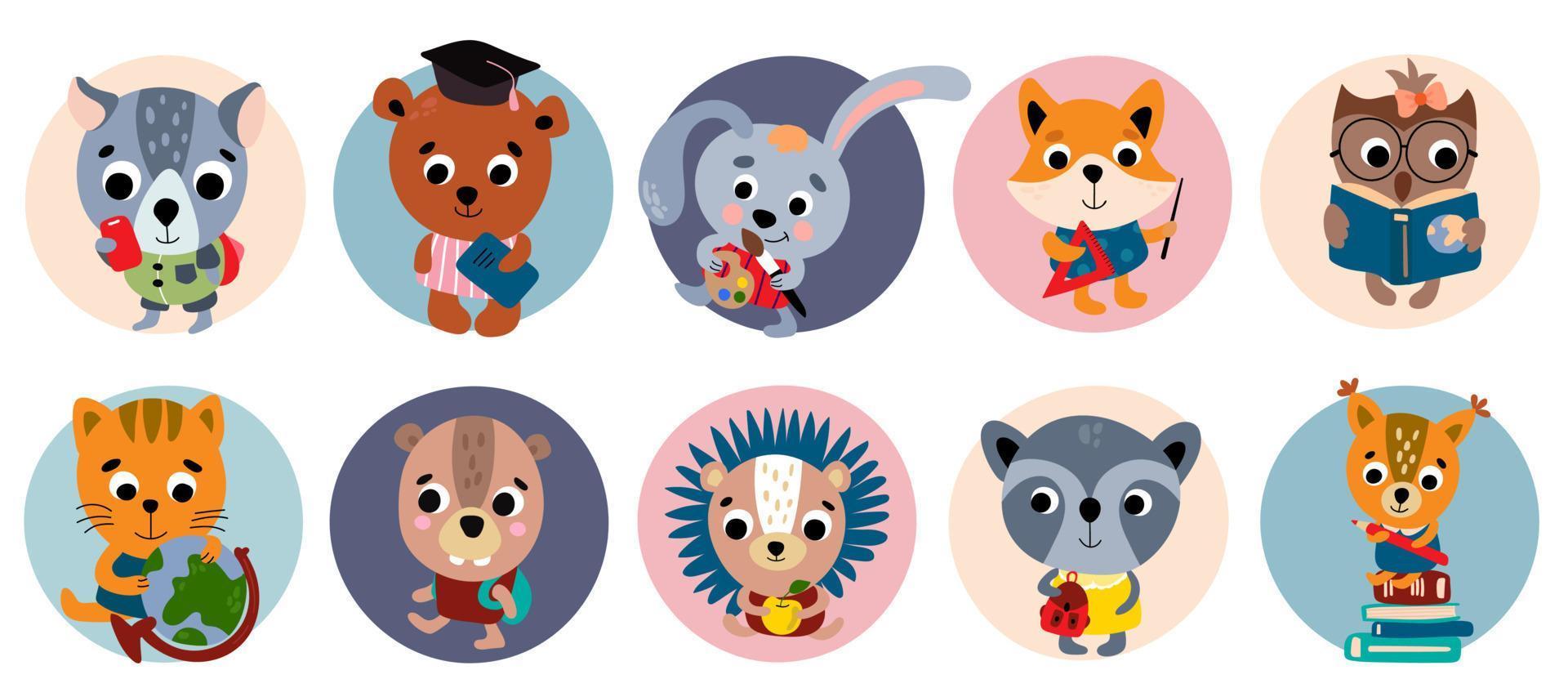 Back to school. Students little animals set. White background, isolate. Vector illustration.