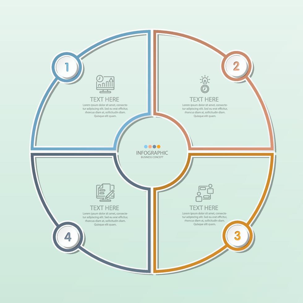 Basic circle infographic template with 4 steps, process or options, process chart, Used for process diagram, presentations, workflow layout, flow chart, infograph. Vector eps10 illustration.
