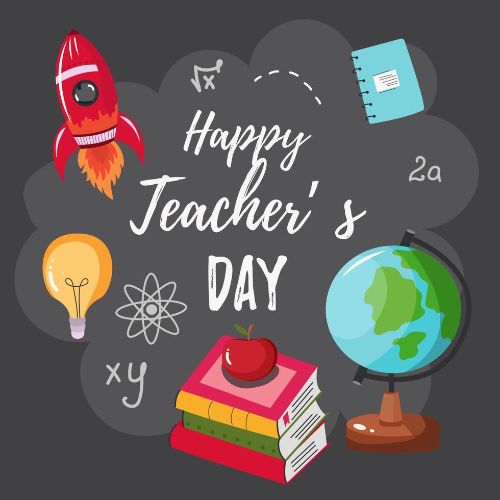 happy teachers day vector illustration with school equipment for poster, brochure, banner and greeting card