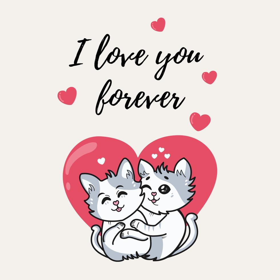 Illustration of a couple in love with two cats on the background of a heart. text i love forever vector
