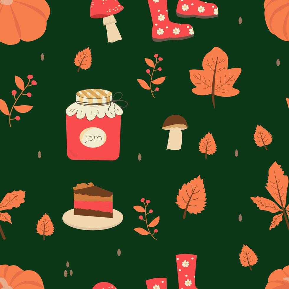 Seamless pattern with orange and yellow autumn leaves, with rowan, cheesecake, and jam. Perfect for wallpaper, gift paper, pattern filling vector
