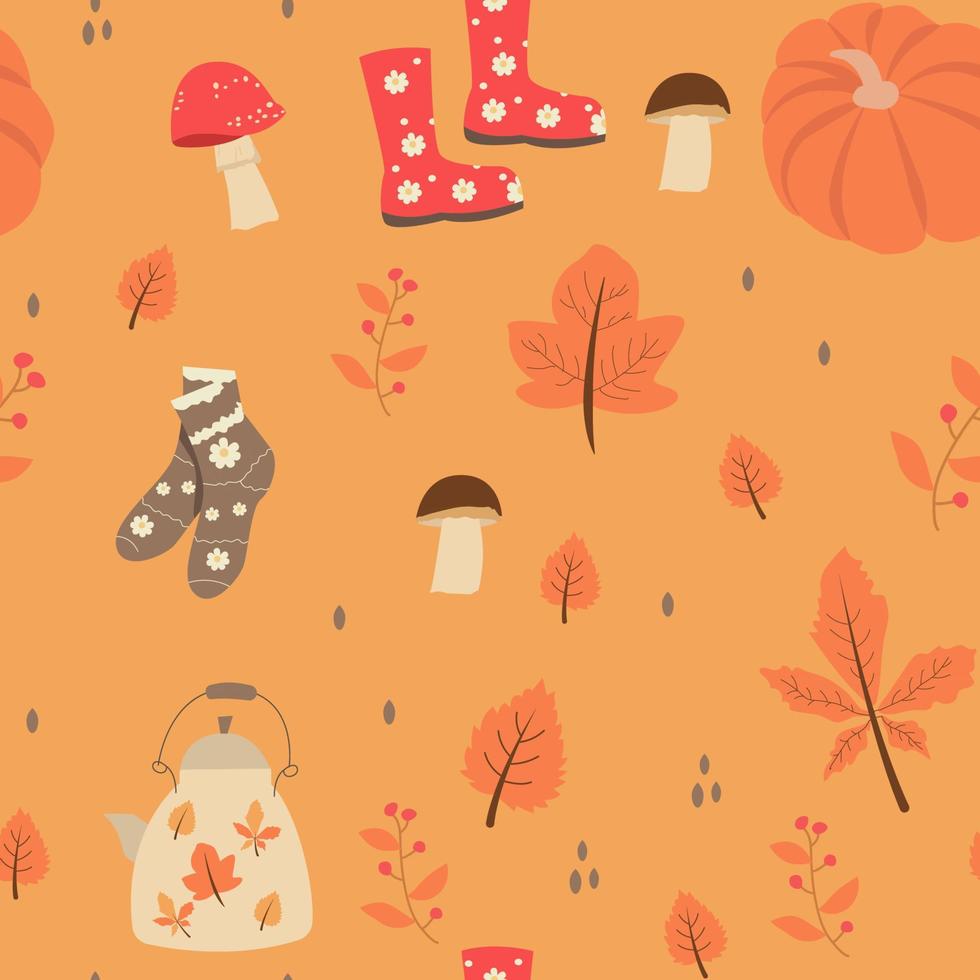 Seamless pattern with orange and yellow autumn leaves, with mountain ash, socks, and rubber boots, pumpkin, teapot. vector