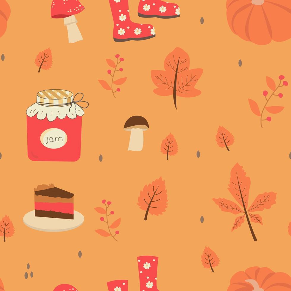 Seamless pattern with orange and yellow autumn leaves, with rowan, cheesecake, and jam. Perfect for wallpaper, gift paper, pattern filling vector