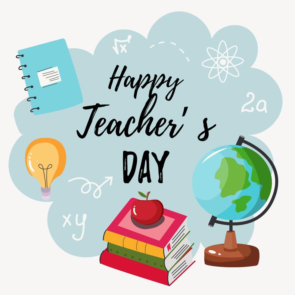 happy teachers day vector illustration with school equipment for poster, brochure, banner and greeting card