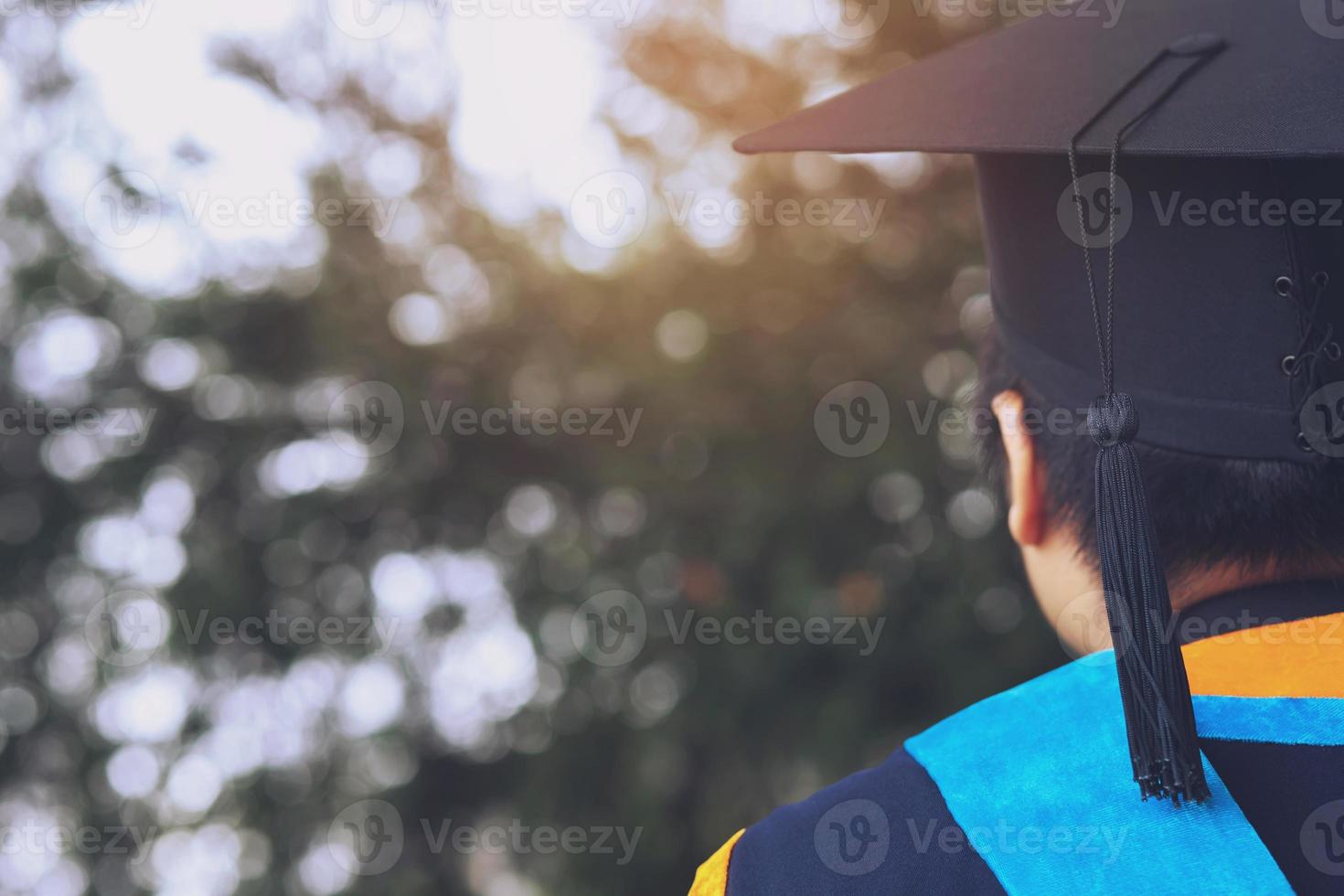 graduation, close up student hats in during commencement success graduates of the university, Concept education congratulation. copy space banner. photo