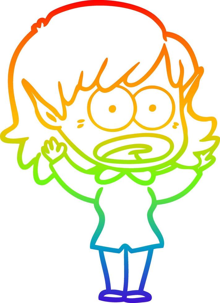 rainbow gradient line drawing cartoon shocked elf girl vector