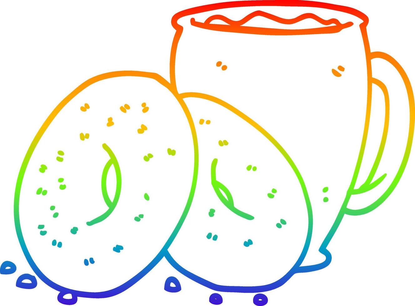 rainbow gradient line drawing cartoon coffee and donuts vector