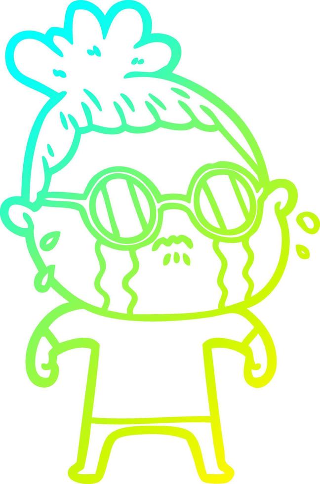 cold gradient line drawing cartoon crying woman wearing spectacles vector