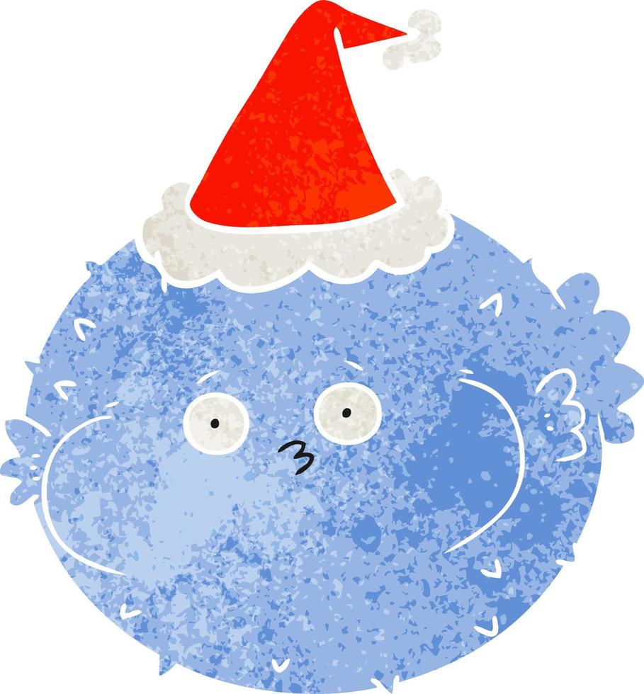 retro cartoon of a puffer fish wearing santa hat vector