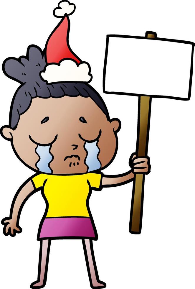 gradient cartoon of a crying woman with protest sign wearing santa hat vector