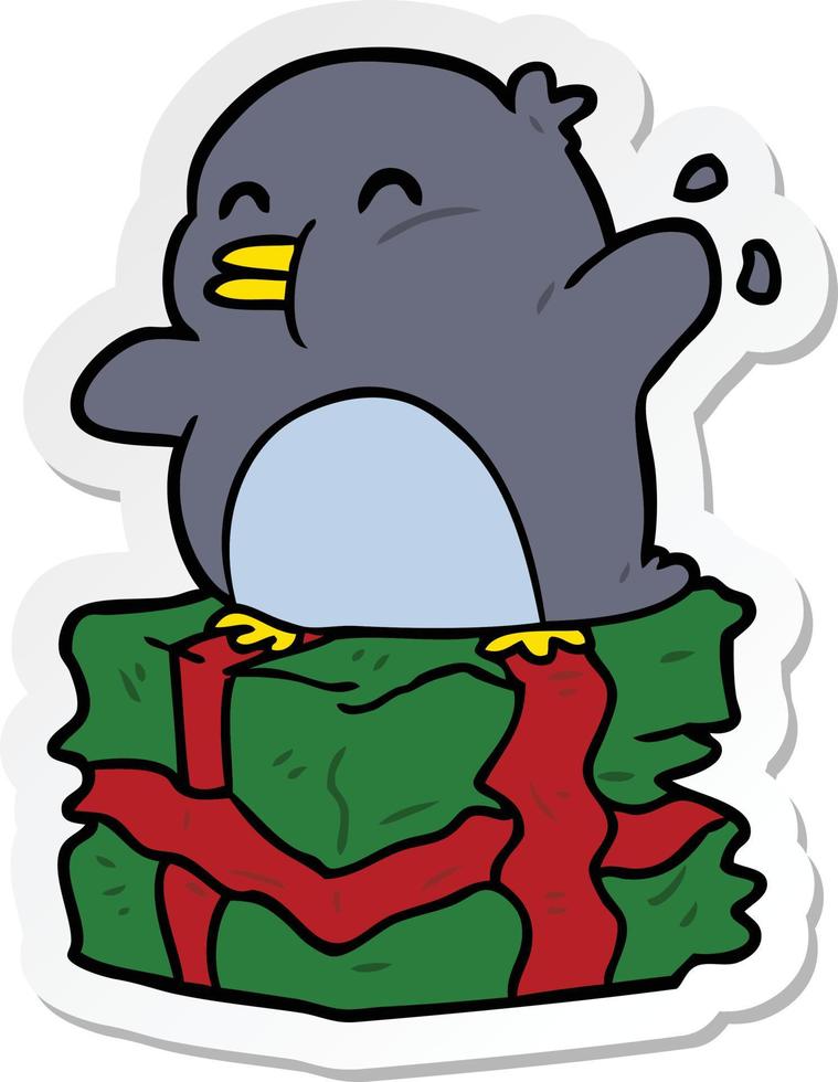 sticker of a cartoon penguin on present vector