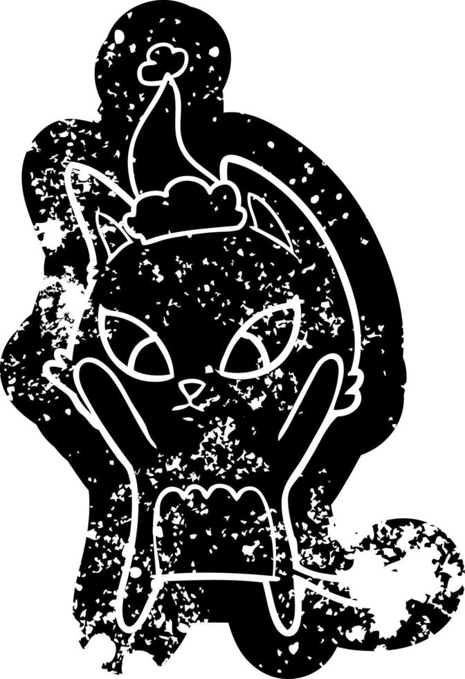 confused cartoon distressed icon of a cat wearing santa hat vector