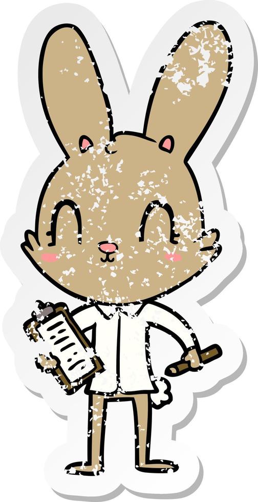 distressed sticker of a cute cartoon rabbit with clipboard vector