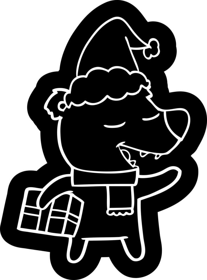 cartoon icon of a bear with present wearing santa hat vector