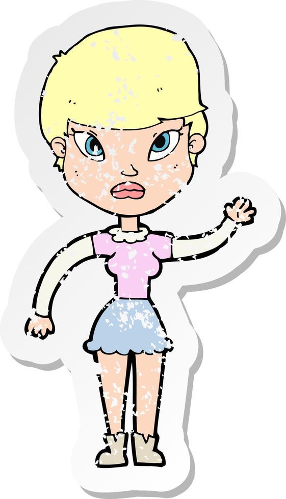 retro distressed sticker of a cartoon woman waving vector