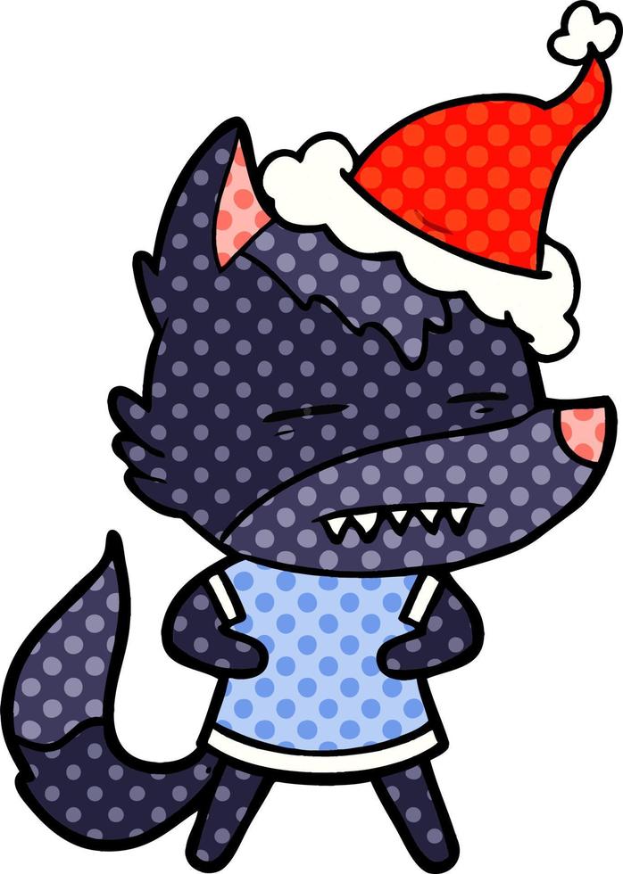 comic book style illustration of a wolf showing teeth wearing santa hat vector