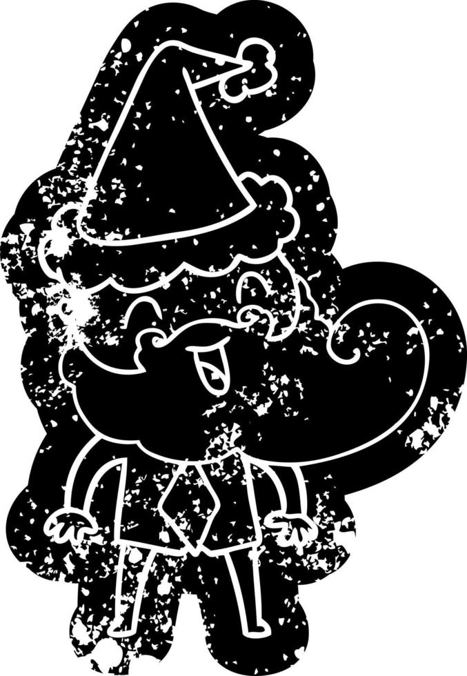 hand drawn cartoon distressed icon of a happy bearded man wearing santa hat vector
