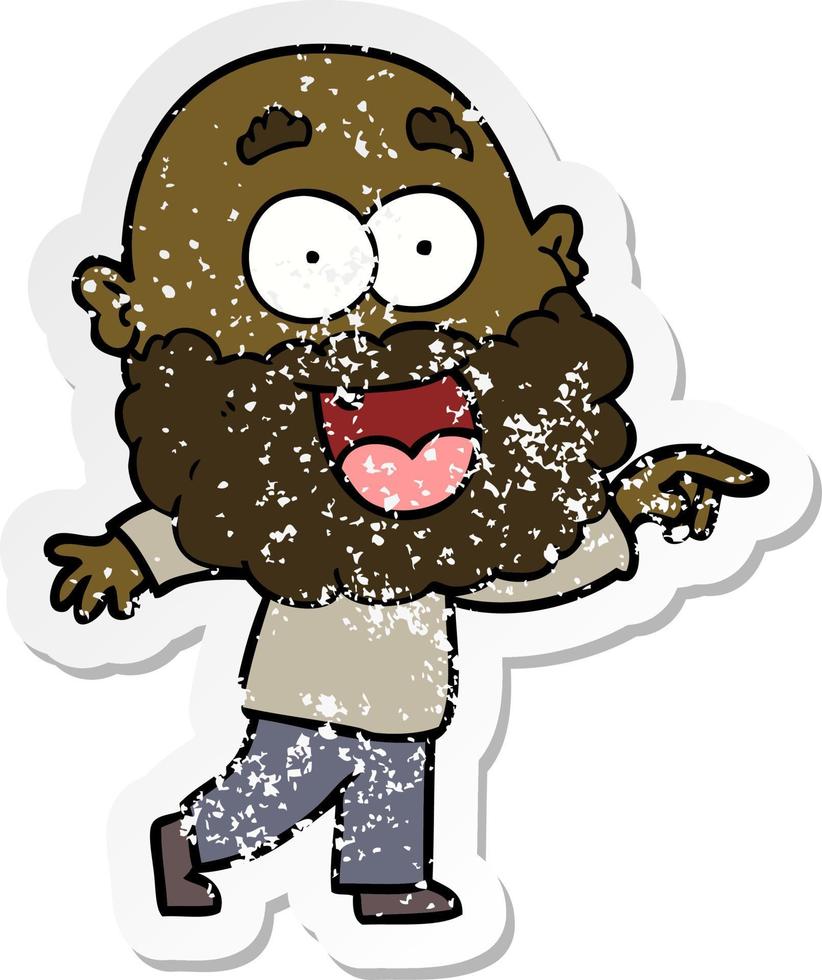 distressed sticker of a cartoon crazy happy man with beard vector