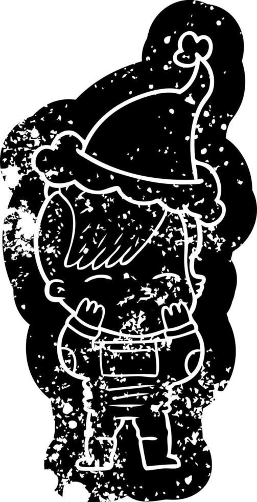 cartoon distressed icon of a girl wearing futuristic clothes wearing santa hat vector
