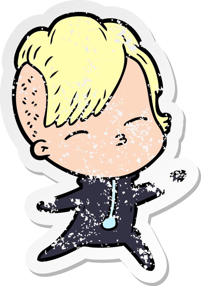 distressed sticker of a cartoon squinting girl vector