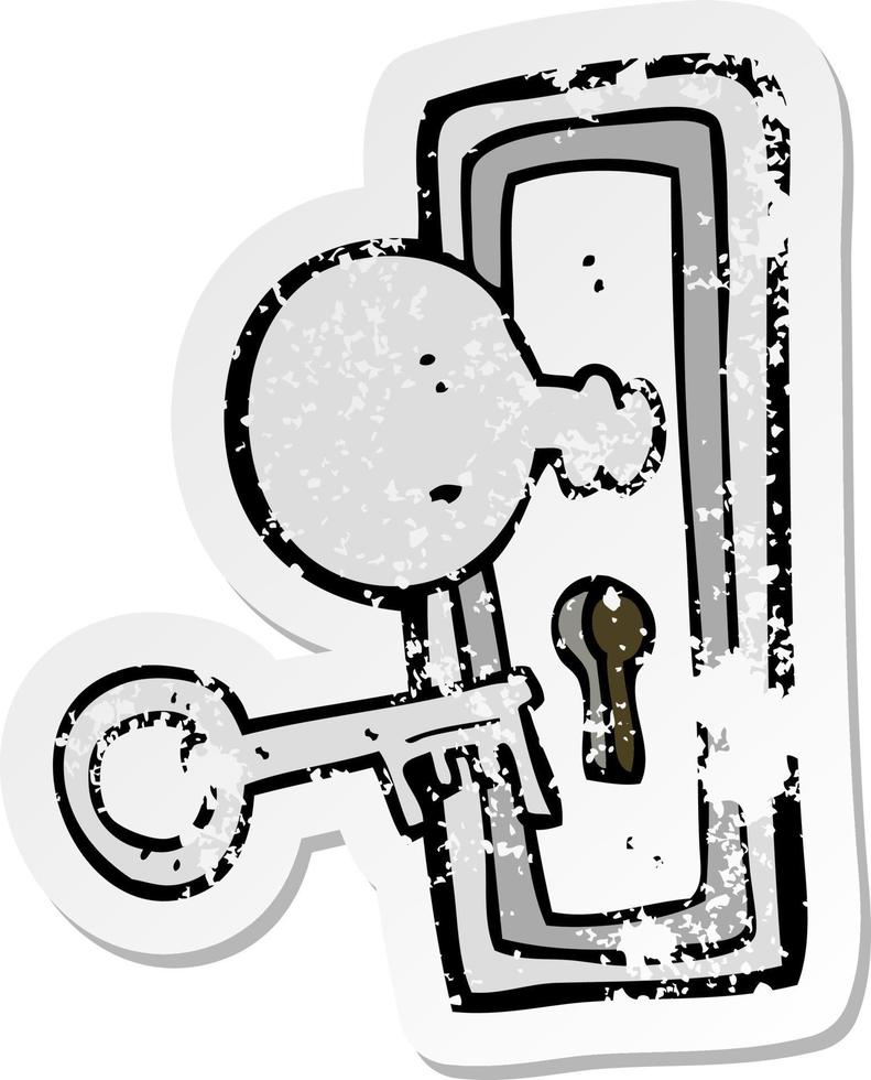 retro distressed sticker of a cartoon key and keyhole vector