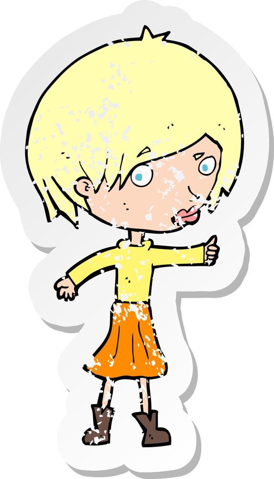 retro distressed sticker of a cartoon woman raising eyebrow vector