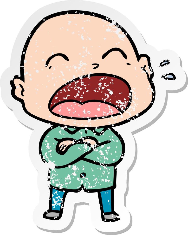 distressed sticker of a cartoon shouting bald man vector