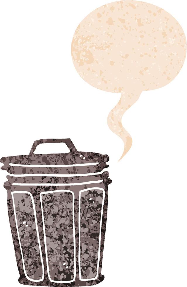 cartoon trash can and speech bubble in retro textured style vector