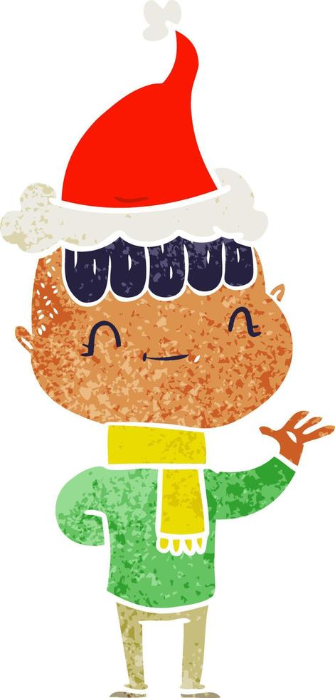 retro cartoon of a friendly boy wearing santa hat vector