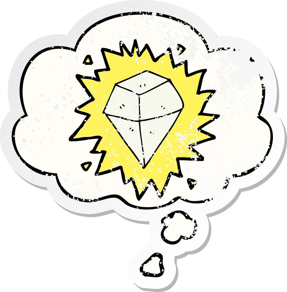 cartoon shining crystal and thought bubble as a distressed worn sticker vector