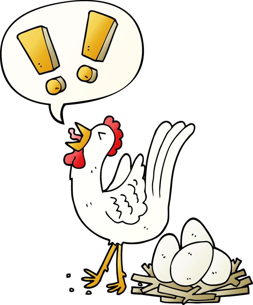 cartoon chicken laying egg and speech bubble in smooth gradient style vector